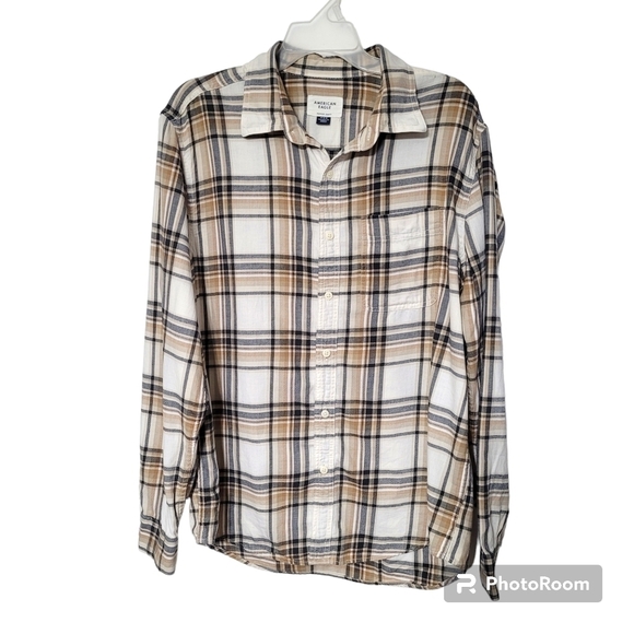 American Eagle Super Soft Tan Plaid Everyday Button Down Casual Western Shirt M - Picture 1 of 7